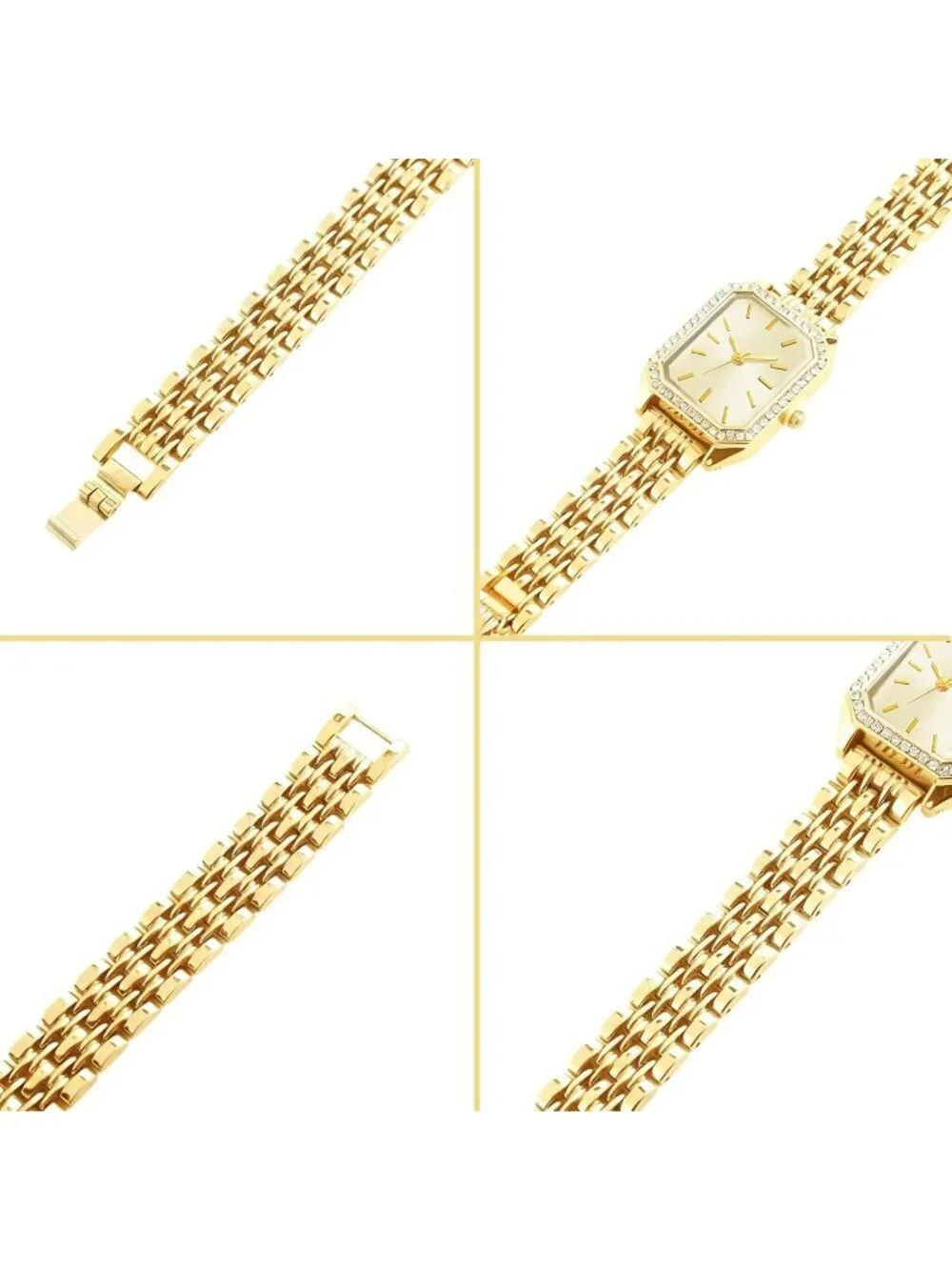 Women All Gold Jewelry Stainless Steel Diamond Bangle Bracelets Set Square Watch